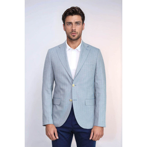 Light Blue Herringbone Pattern Gold Metal Button Slim Fit Men's Blazer Jacket - Chadrobe