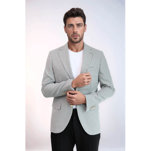 Light Grey Houndstooth Pattern Gold Metal Button Slim Fit Men's Blazer Jacket - Chadrobe