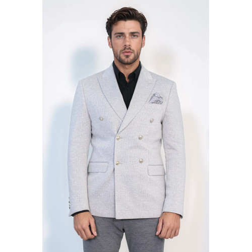 Grey Pinstriped Slim Fit Double-Breasted Blazer with Silver Metal Buttons – Chadrobe