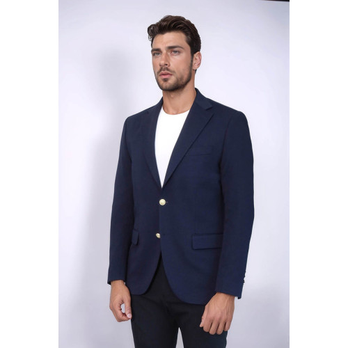 Navy Blue Textured Gold Metal Button Slim Fit Men's Blazer Jacket - Chadrobe