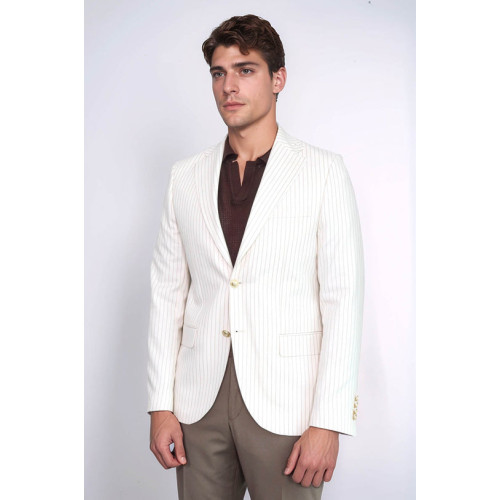 Ecru Striped Linen Gold Metal Button Slim Fit Men's Blazer Jacket - Chadrobe