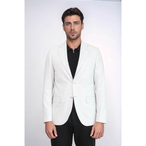 Light Grey Herringbone Pattern Gold Metal Button Slim Fit Men's Blazer Jacket - Chadrobe
