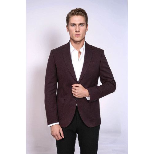 Textured Slim Fit Notch Lapel Burgundy Men Blazer - Chadrobe
