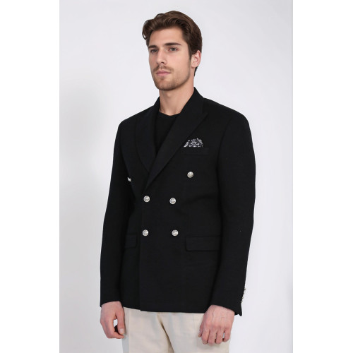 Black Solid Slim Fit Double-Breasted Blazer with Silver Metal Buttons – Chadrobe