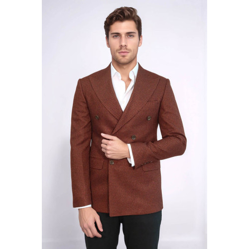 Houndstooth Patterned Brown Men Double Breasted Blazer - Chadrobe