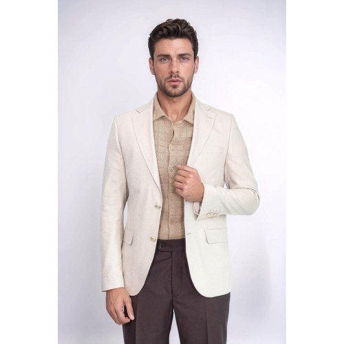 Beige Herringbone Pattern Gold Metal Button Slim Fit Men's Blazer Jacket - Chadrobe