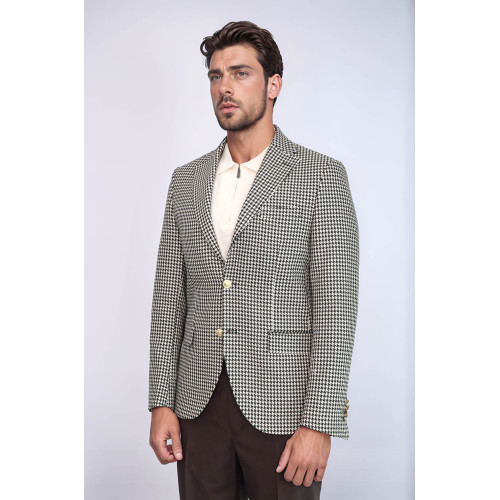 Black & Cream Houndstooth Pattern Gold Metal Button Slim Fit Men's Blazer Jacket - Chadrobe