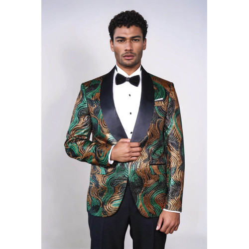 Gold-Green Patterned Over Black Men Stage Performers Jacket - Chadrobe