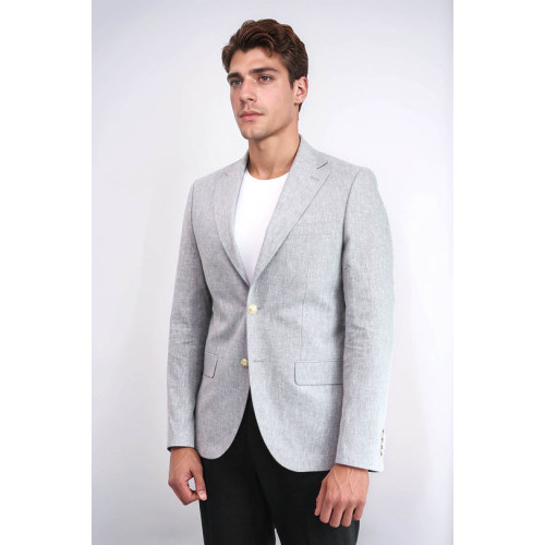 Grey Textured Linen-Feel Gold Metal Button Slim Fit Men's Blazer Jacket - Chadrobe