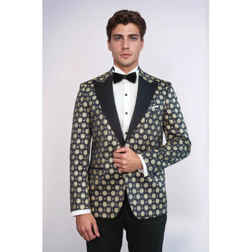 Floral Patterned Peak Lapel Navy Blue with Gold Embellished Dinner Jacket - Chadrobe