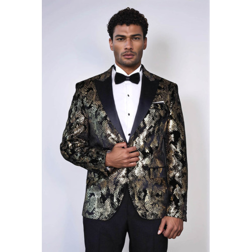 Peak Lapel Slim Fit Gold Patterned Black Men Evening Blazer