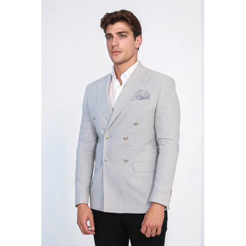 Grey Micro-Check Slim Fit Double-Breasted Blazer with Silver Metal Buttons – Chadrobe
