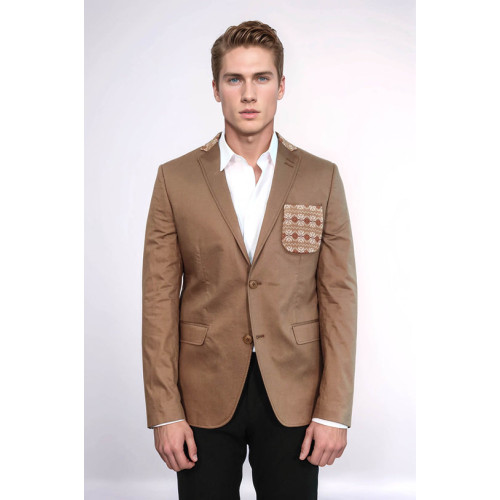 Double Buttons Knit Collar Mono Lapel Tan Jacket-Chadrobe
