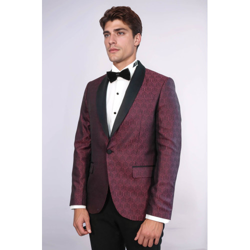 Pentagon Patterned Shawl Lapel Burgundy Men Dinner Jacket - Chadrobe