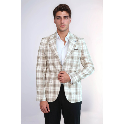 Single Button Wide Pointed Collar Beige Blazer - Chadrobe