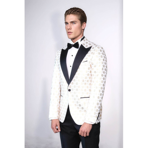 Floral Patterned Peak Lapel White Men Wedding Tuxedo Blazer - Chadrobe