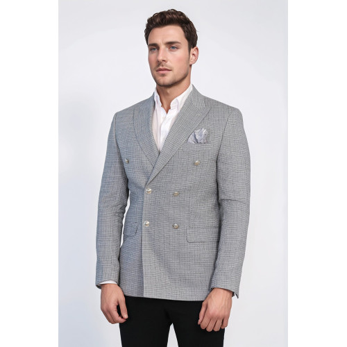 Dark Grey Micro-Check Slim Fit Double-Breasted Blazer with Silver Metal Buttons – Chadrobe
