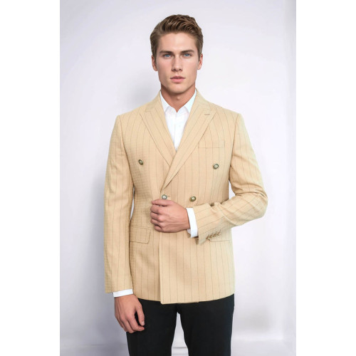 Double Breasted Slim Fit Striped Cream Men Blazer - Chadrobe