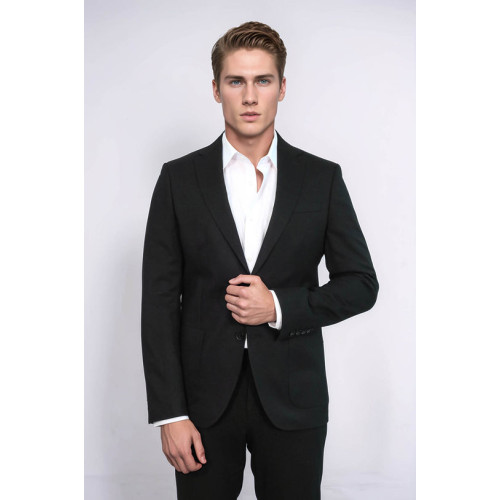 Textured Slim Fit Notch Lapel Black Men Blazer - Chadrobe