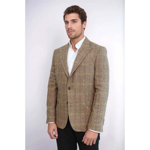 Herringbone Slim Fit Wool Tan Men Blazer - Chadrobe