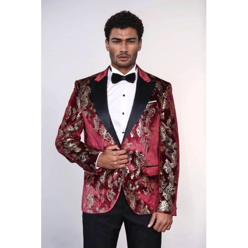 Peak Lapel Slim Fit Gold Patterned Burgundy Men Party Blazer - Chadrobe