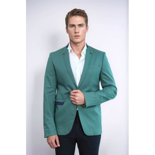 Single Button Standing Collar Green Men Blazer - Chadrobe