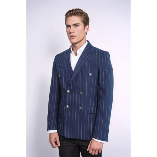 Double Breasted Slim Fit Striped Navy Blue Men Blazer - Chadrobe