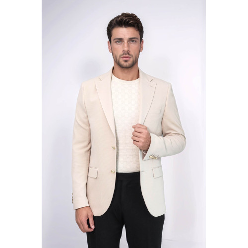 Beige Textured Gold Metal Button Slim Fit Men's Blazer Jacket - Chadrobe