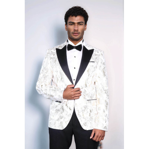 Peak Lapel Slim Fit Gold Patterned White Men Dinner Jacket - Chadrobe