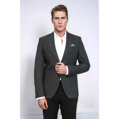 Textured Slim Fit Notch Lapel Anthracite Men Blazer - Chadrobe