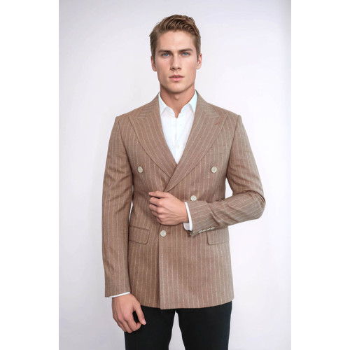 Striped Double Breasted Beige Men Blazer - Chadrobe