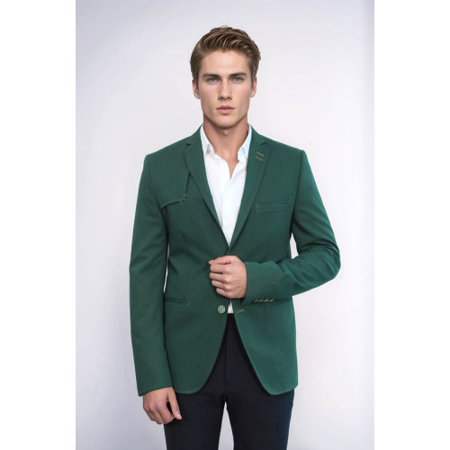 Double Buttons Shoulder Piece Mono Lapel Green Jacket-Chadrobe