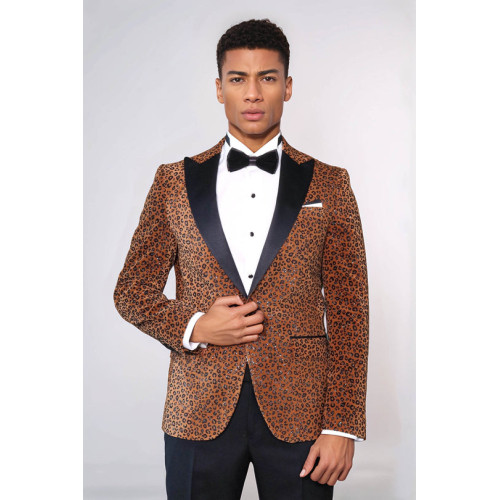 Leopard Pattern Slim Fit Peak Lapel Yellow Men Tuxedo Party Blazer