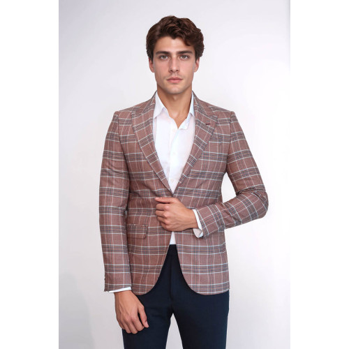 Checked Single Button Burgundy Men Blazer - Chadrobe