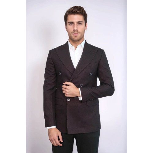 Houndstooth Patterned Burgundy Men Double Breasted Blazer - Chadrobe