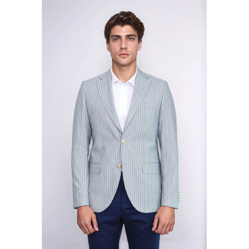 Light Blue Striped Linen Gold Metal Button Slim Fit Men's Blazer Jacket - Chadrobe