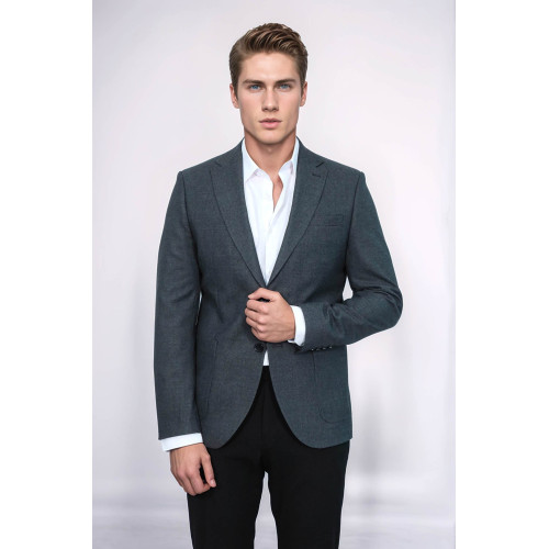 Textured Slim Fit Notch Lapel Grey Men Blazer - Chadrobe