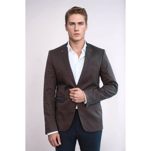 Single Button Standing Collar Brown Men Blazer - Chadrobe