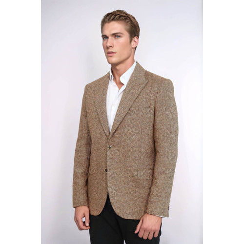Houndstooth Pattern Wool Light Brown Men Blazer - Chadrobe