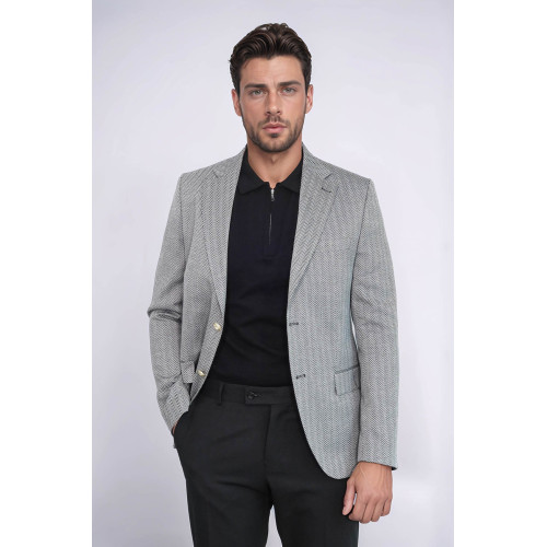 Black Herringbone Pattern Gold Metal Button Slim Fit Men's Blazer Jacket - Chadrobe