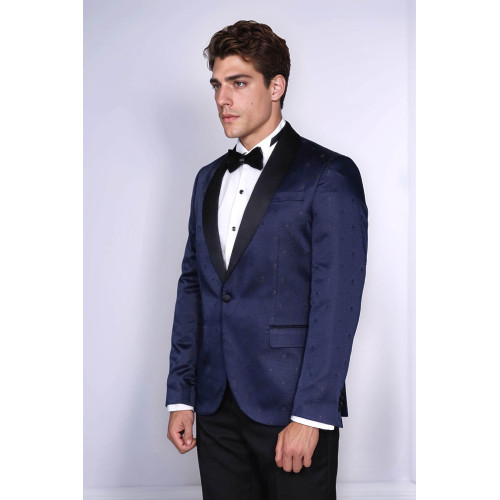 Patterned Shawl Lapel Navy Blue Men Tuxedo Jacket - Chadrobe