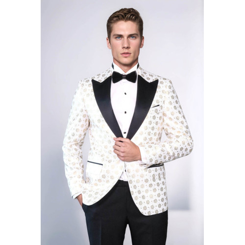 Feather Patterned Slim Fit White Men Tuxedo Blazer - Chadrobe