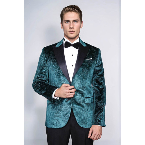 Floral Patterned Velvet Green Men Evening Jacket - Chadrobe