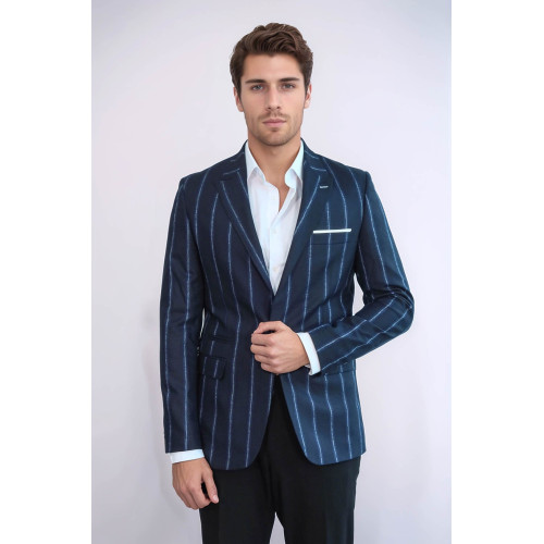 Striped Dark Blue Slim-Fit Blazer - Chadrobe