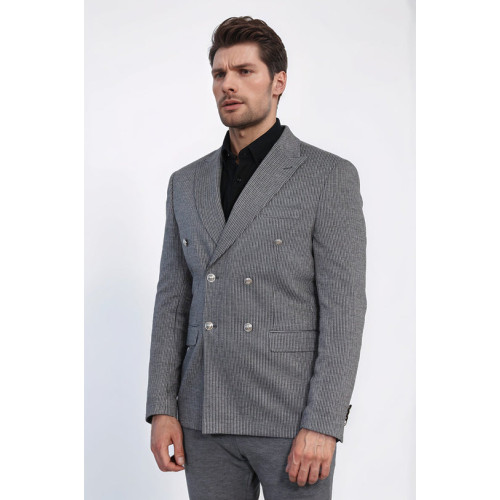 Anthracite Pinstriped Slim Fit Double-Breasted Blazer with Silver Metal Buttons – Chadrobe