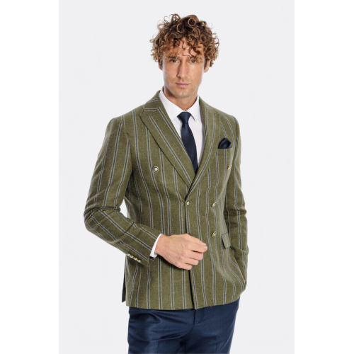Wide Lapel Striped Double Breasted Green Men Blazer - Chadrobe