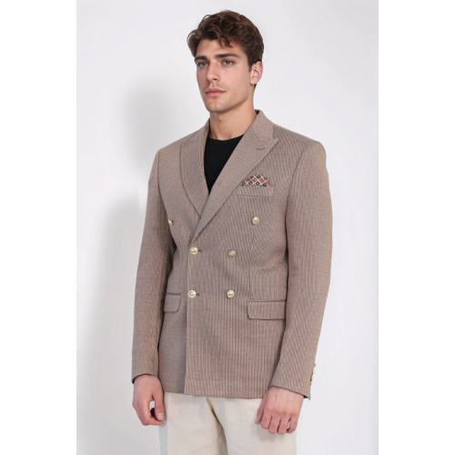 Sand Beige Pinstriped Slim Fit Double-Breasted Blazer with Gold Metal Buttons – Chadrobe