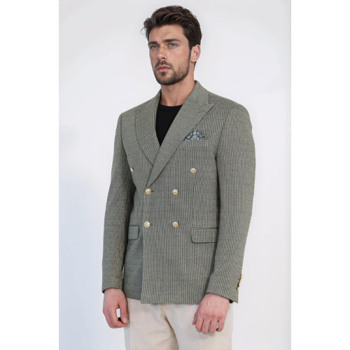 Olive Green Pinstriped Slim Fit Double-Breasted Blazer with Gold Metal Buttons – Chadrobe