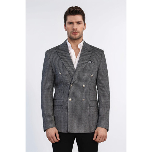 Black Pinstriped Slim Fit Double-Breasted Blazer with Silver Metal Buttons – Chadrobe