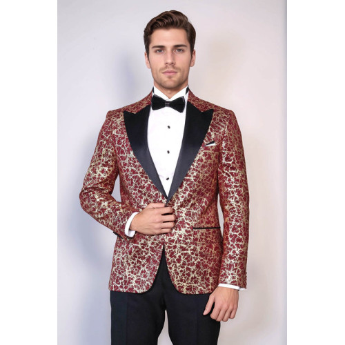Root Pattern Peak Lapel Burgundy Men Party Blazer - Chadrobe